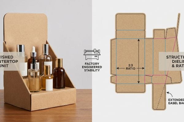 Kraft cardboard countertop display with glass bottles and its structural dieline, highlighting the 2:3 Ratio and Extended Easel Back for stability.