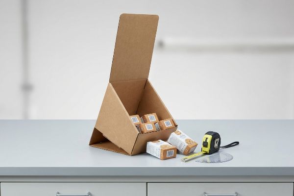 Brown corrugated cardboard countertop PDQ display filled with product boxes, alongside a tape measure and protractor on a lab bench, indicating stability testing.