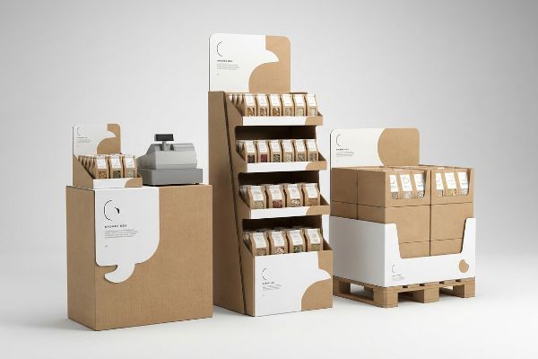 Corrugated cardboard retail display units, including a countertop Bagorri Box, a floor-standing Product Box, and a pallet configuration.