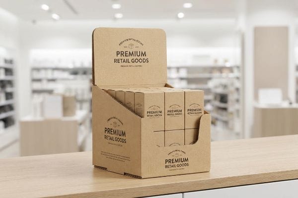 A kraft cardboard countertop POP display unit filled with Premium Retail Goods boxes sits on a wooden counter.