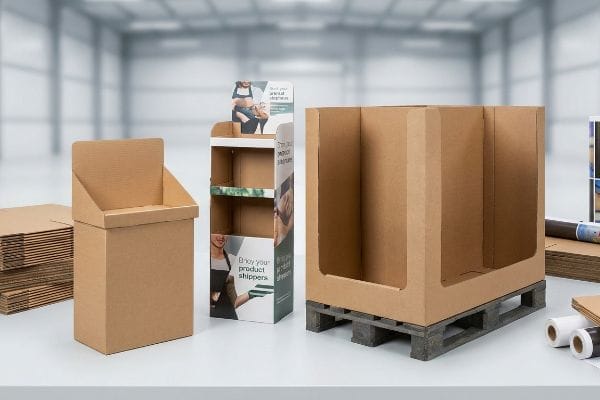 Corrugated cardboard POP displays: countertop, floor-standing with 'Enjoy Your Product Shippers', and pallet unit.