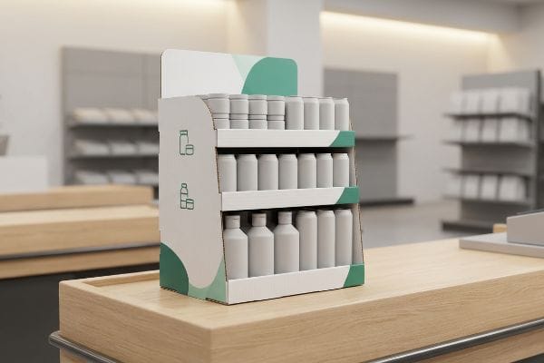 A three-tiered PDQ display unit, adorned with green abstract shapes and bottle icons, showcases white product bottles and cans on a wooden retail counter.