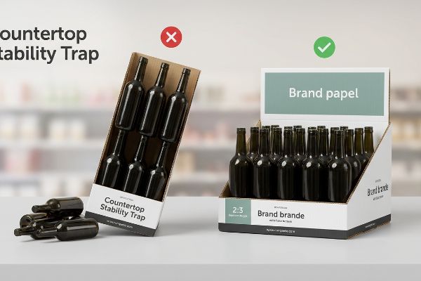 Cardboard countertop display units illustrating the 'Countertop Stability Trap' with a tall, unstable box of dark glass bottles tipping over, contrasted with a stable 'Brand Papel' PDQ tray adhering to a 2:3 ratio.