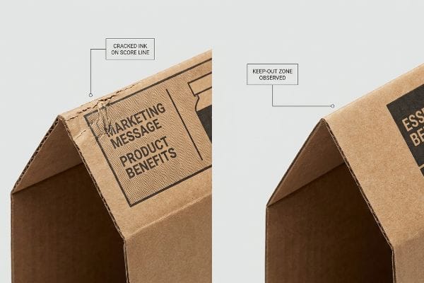 Encre craquelée sur une ligne de pliage ondulée brune pour « Message marketing – Avantages du produit » contrastant avec un pli net marquant une « Zone interdite ».