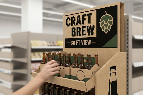 Kraft cardboard display for Craft Brew beer, featuring a '30 Ft View' header and hop cone, with a hand reaching for a bottle.