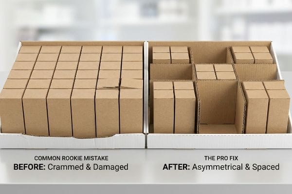 Two cardboard display trays side-by-side, illustrating 'Common Rookie Mistake Before: Crammed & Damaged' with tightly packed brown boxes, and 'The Pro Fix After: Asymmetrical & Spaced' showing fewer boxes with modular corrugated dividers and ample spacing.