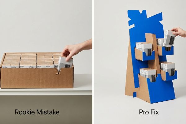 Brown corrugated cardboard box showing a hand pulling a product, causing torn paperboard due to a cramped layout, a Rookie Mistake in restocking.