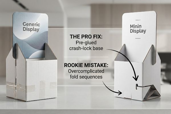White corrugated cardboard displays compare a Generic Display with taped base to a Minin Display featuring a Pre-Glued Crash-Lock Base, illustrating The Pro Fix for Rookie Mistake.