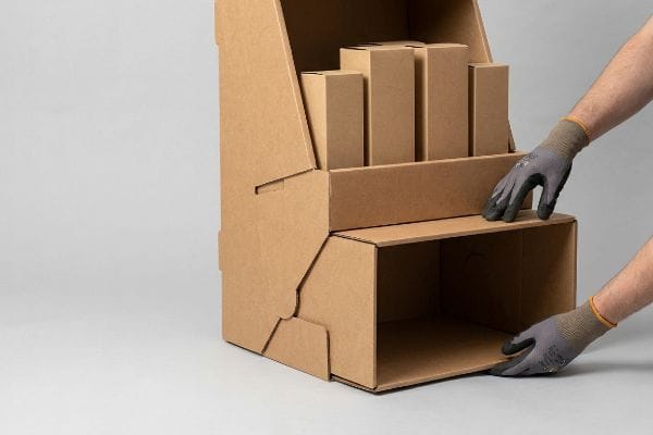 Natural Kraft cardboard POP-up display assembly, with gloved hands installing a pre-glued crash-lock bottom shelf for retail.