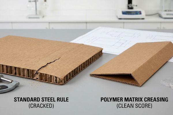 Brown corrugated cardboard shows a cracked fold from Standard Steel Rule next to a clean score from Polymer Matrix Creasing.