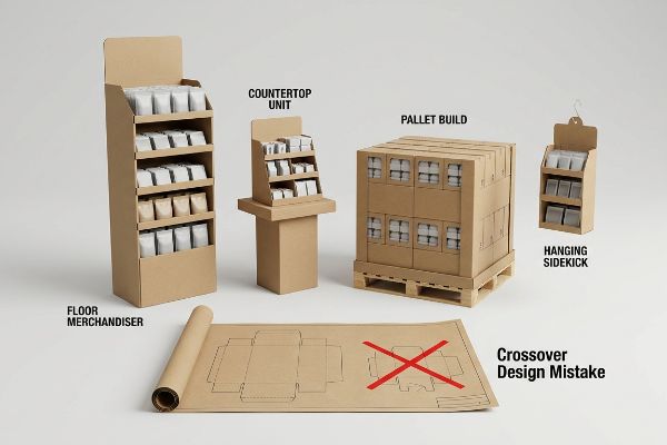 Kraft cardboard displays: Floor Merchandiser, Countertop Unit, Pallet Build, Hanging Sidekick, with a blueprint showing a Crossover Design Mistake.