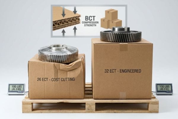 Crushed 26 ECT Cost Cutting box with a metal gear and 100 LBS scale, contrasted with an intact 32 ECT Engineered box on a pallet, demonstrating BCT Compression Strength.