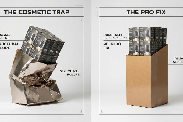 Crushed gold foil display box, labeled The Cosmetic Trap, shows Structural Failure from flimsy 26ECT board.
