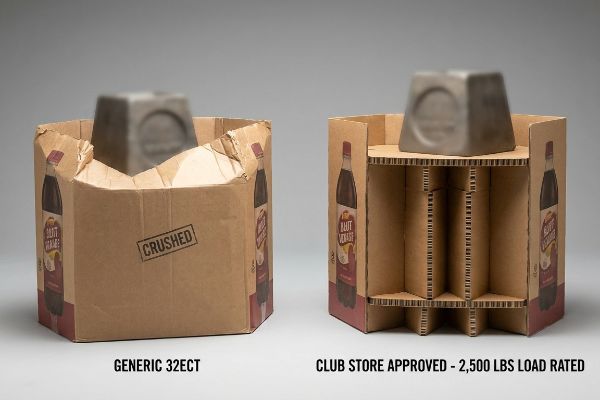 Crushed Generic 32ECT corrugated display contrasts with robust Club Store Approved 2,500 Lbs Load Rated unit, showcasing Blut Vorhage.
