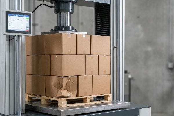 Pallet testing machine compressing corrugated boxes on a wooden pallet, showing a crushed bottom carton and a digital load graph.