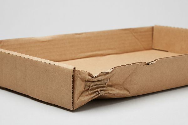 Brown corrugated cardboard PDQ display tray, severely crushed on one short side, showing damaged flutes against a light background.