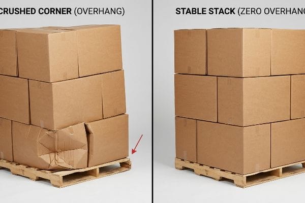 Brown corrugated boxes on a pallet, comparing a Crushed Corner (Overhang) stack with a Stable Stack (Zero Overhang) to prevent transit damage.