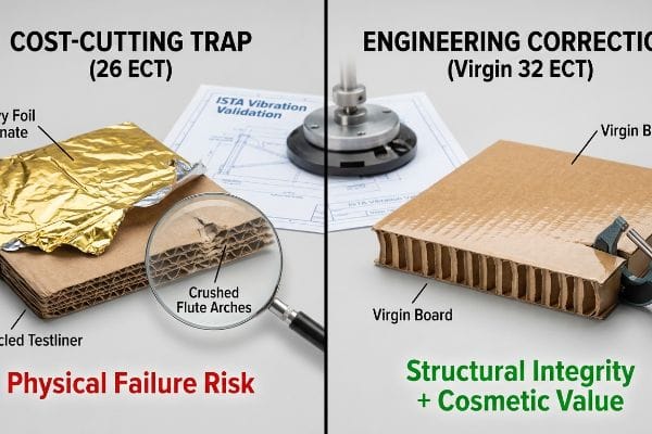 Corrugated board comparison showing a 26 ECT Cost-Cutting Trap with crushed flute arches and gold foil, contrasted with a Virgin 32 ECT Engineering Correction for structural integrity.