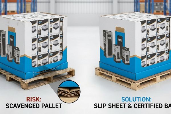 Corrugated display with crushed flutes on a scavenged pallet, contrasted by a stable display on a certified base and slip sheet.