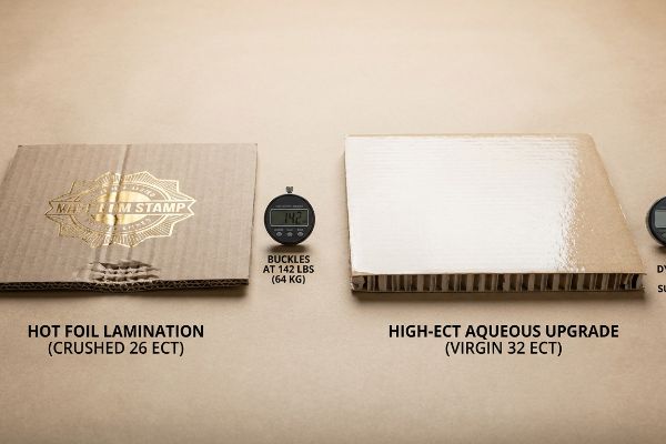 Crushed hot foil laminated 26 ECT corrugated board with a gold Maxxium Stamp, buckling at 142 lbs, compared to a virgin 32 ECT high-ECT aqueous upgrade.