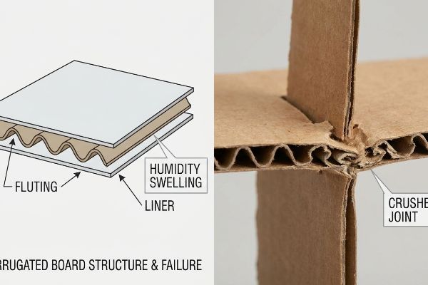 Corrugated board diagram showing Fluting, Liner, and Humidity Swelling, next to a Crushed Joint, demonstrating structural failure.