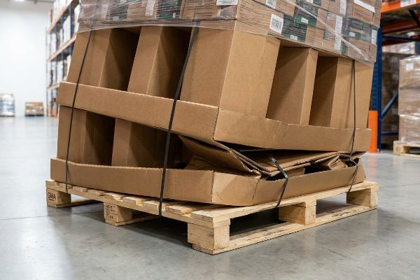 Crushed corrugated boxes on a GMA pallet, showing a collapsed bottom tier from overhang in a warehouse.