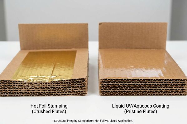 Gold Hot Foil Stamping on corrugated board shows crushed flutes, contrasting with the pristine flutes under Liquid UV/Aqueous Coating.
