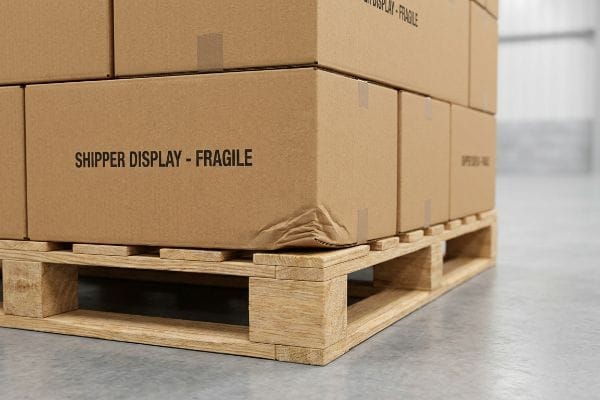 Brown corrugated cardboard boxes, labeled 