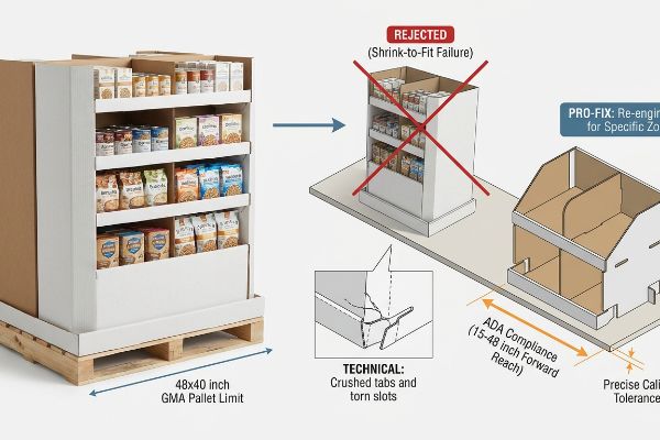 Cardboard retail displays show a 48x40 inch GMA Pallet Limit floor unit, a rejected Shrink-to-Fit countertop display with Crushed Tabs And Torn Slots, and a Pro-Fix Re-Engineering solution for ADA Compliance.