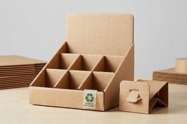 Brown corrugated cardboard retail display with six compartments, displaying a 