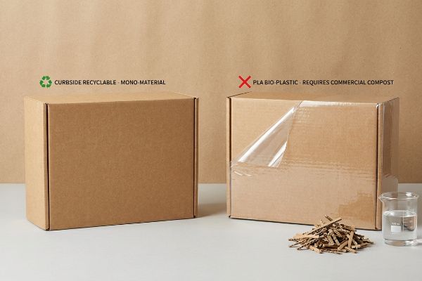 Mono-material corrugated box, 'Curbside Recyclable', contrasts with PLA bio-plastic laminated box, 'Requires Commercial Compost'.