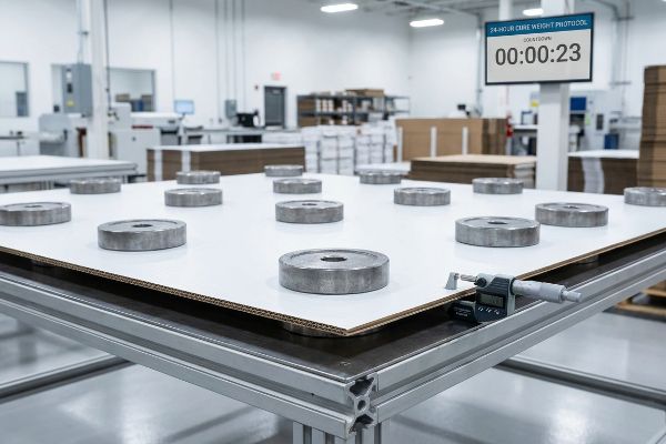 White corrugated board under a 24-Hour Cure Weight Protocol, with metal weights and a digital micrometer measuring thickness, countdown 00:00:23.