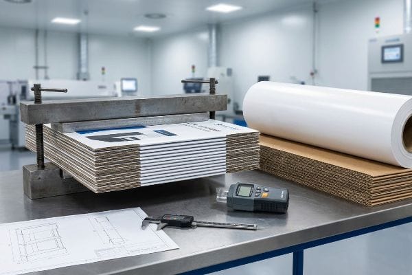 Clamped litho-laminated corrugated panels, a digital caliper, and a moisture meter on a steel table, for flat POP display curing.