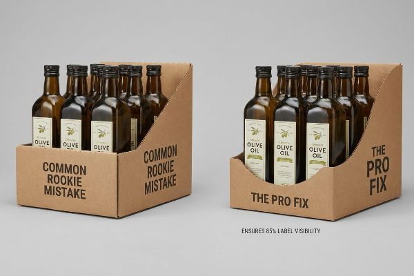Kraft cardboard shelf displays, one showing a Common Rookie Mistake with tall front lips obscuring olive oil bottle labels, the other a Pro Fix with a curved die-cut swoop ensuring 85% label visibility.
