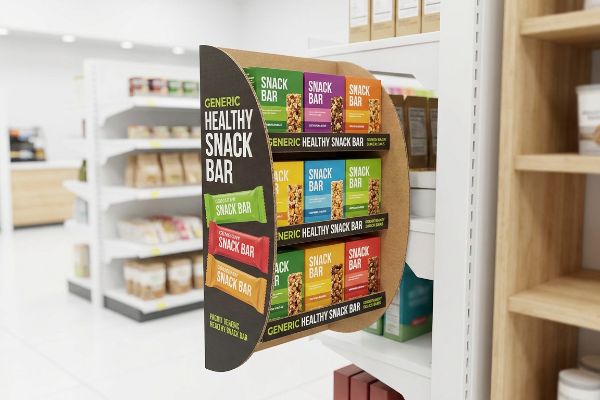Cardboard sidekick display with a curved edge showcasing Generic Healthy Snack Bar products in a retail aisle, designed for impulse purchases.