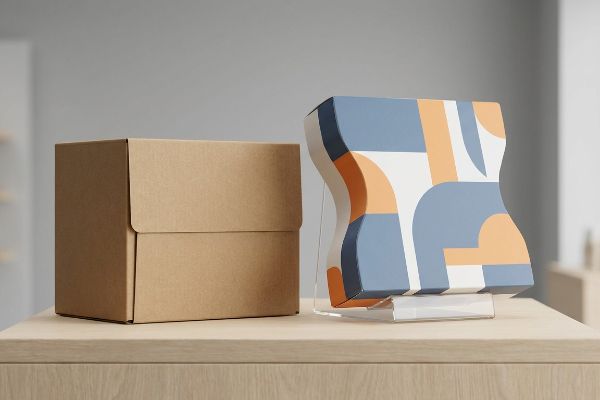 Brown cardboard RSC box beside a curvy point-of-purchase display featuring a blue, orange, and white geometric pattern for visual disruption.