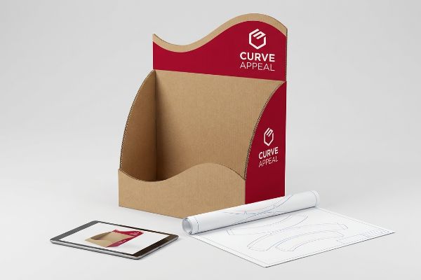 Présentoir en carton ondulé brun avec le logo rouge Curve Appeal, à côté d'une tablette et d'un plan découpé.
