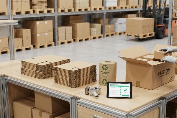 A worker packs a Custom 3-Ply Carton in a 3PL warehouse, utilizing Biodegradable Wrap and a digital fulfillment checklist.