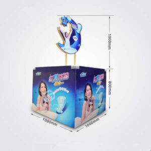 Présentoir personnalisé en carton bleu pour produits d'hygiène