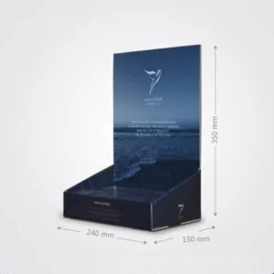 dimensões do expositor de papelão personalizado azul Lovetuner