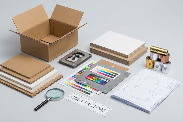 Corrugated box, paperboard stacks, metallic foil, color swatches, die-cutting plate, and 'Cost Factors' text, for custom box pricing.