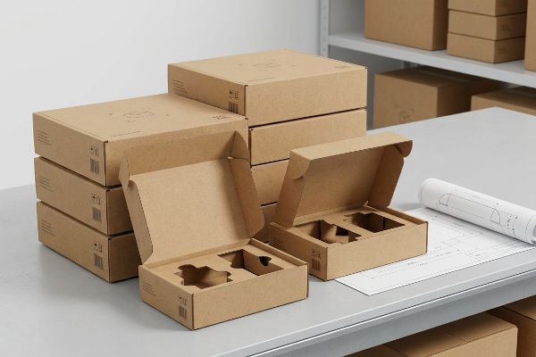 Open custom brown cardboard boxes with internal protective inserts are on a table, with stacked boxes and a rolled blueprint.