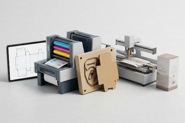 Custom box production: tablet with CAD, offset printer, die-cutting form, CNC cutter, and a 'Drafting' corrugated box.