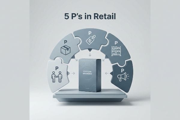A 3D graphic illustrates the 5 P's in Retail: People, Product, Price, Place, Promotion, surrounding a Custom Branded box.