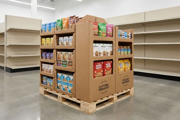 A custom branded corrugated cardboard full-pallet display, filled with diverse packaged food products, sits on a wooden pallet in a retail store.