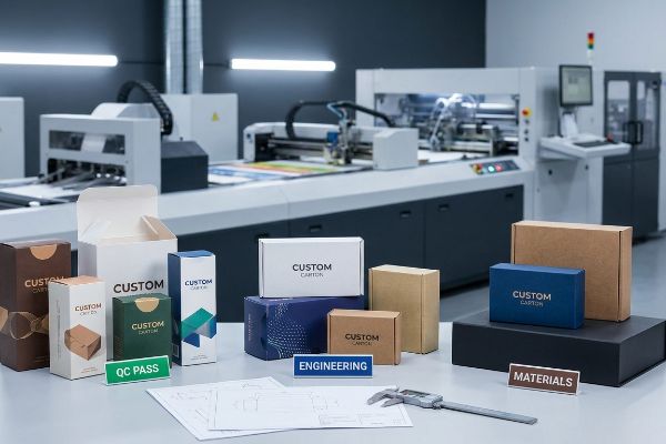 A manufacturing facility showcases various Custom Carton packaging samples, structural engineering blueprints, and a quality control caliper, with labels for Qc Pass, Engineering, and Materials.