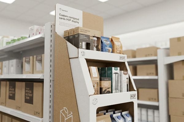 Un présentoir Pop personnalisé en carton ondulé de Brandkit met en valeur divers produits dans une allée de magasin, avec des niveaux en carton kraft naturel et en carton blanc.