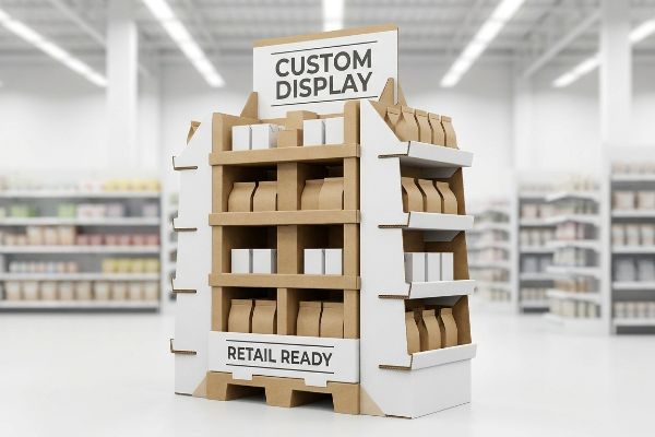A multi-tiered corrugated retail display unit, featuring