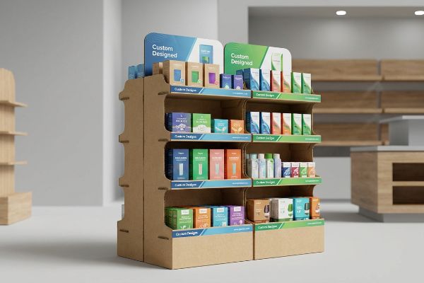 A retail store features a custom designed corrugated cardboard display stand filled with diverse product packaging.