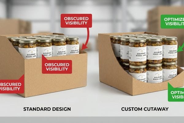 Optimized Display Visibility Brown corrugated display boxes, one standard with obscured 'Gourmet Food Jars' labels, one custom cutaway ensuring optimized visibility.